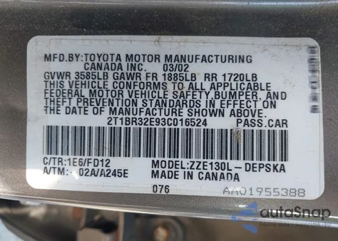 2003 Toyota Corolla S z USA, uszkodzony, nr VIN 2T1BR32E93C016524